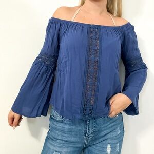 Blue Off The Shoulder Long Sleeve with Lace Sleeves